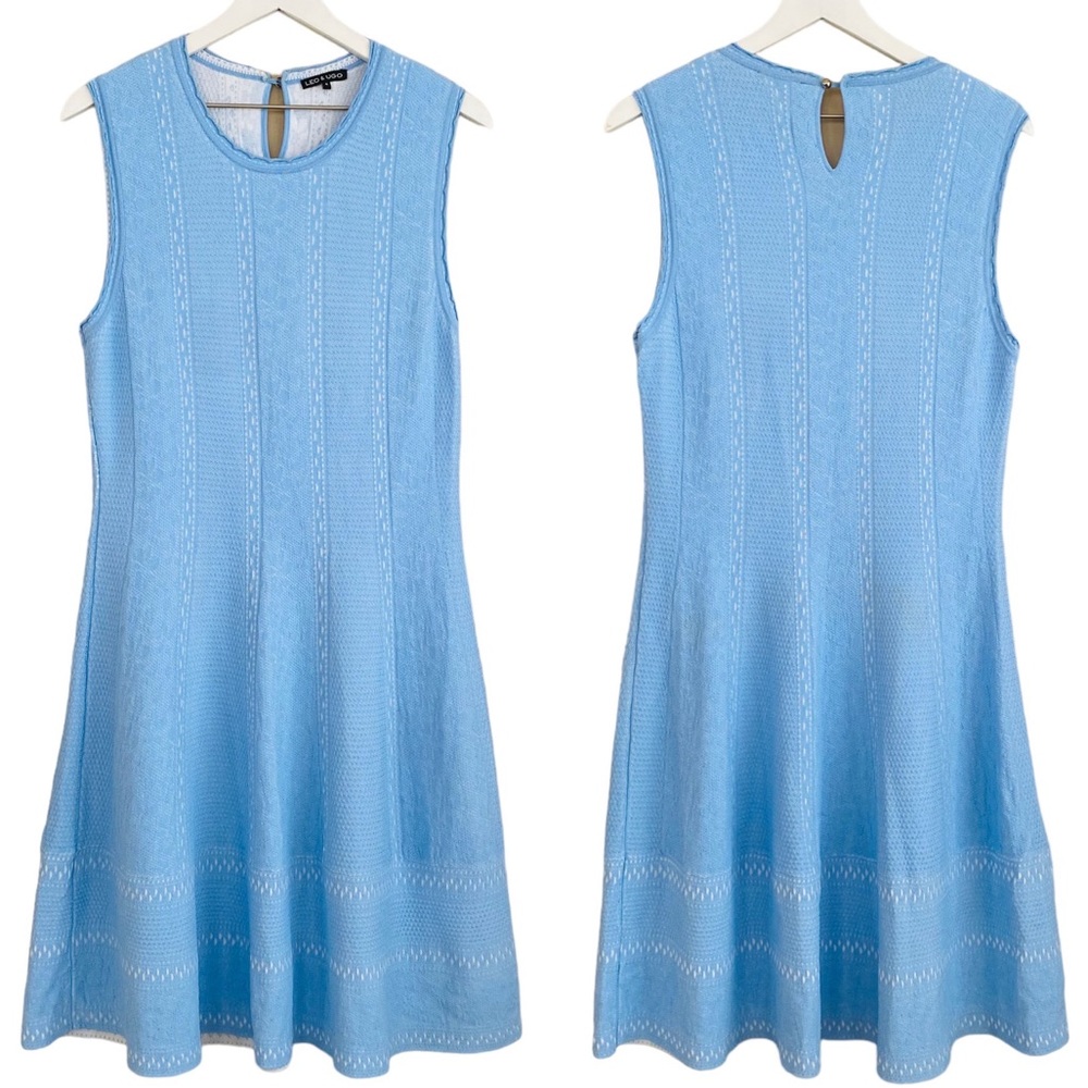Leo & Ugo Paris Baby Blue & White Knit Style Fit & Flare Sleeveless Dress
